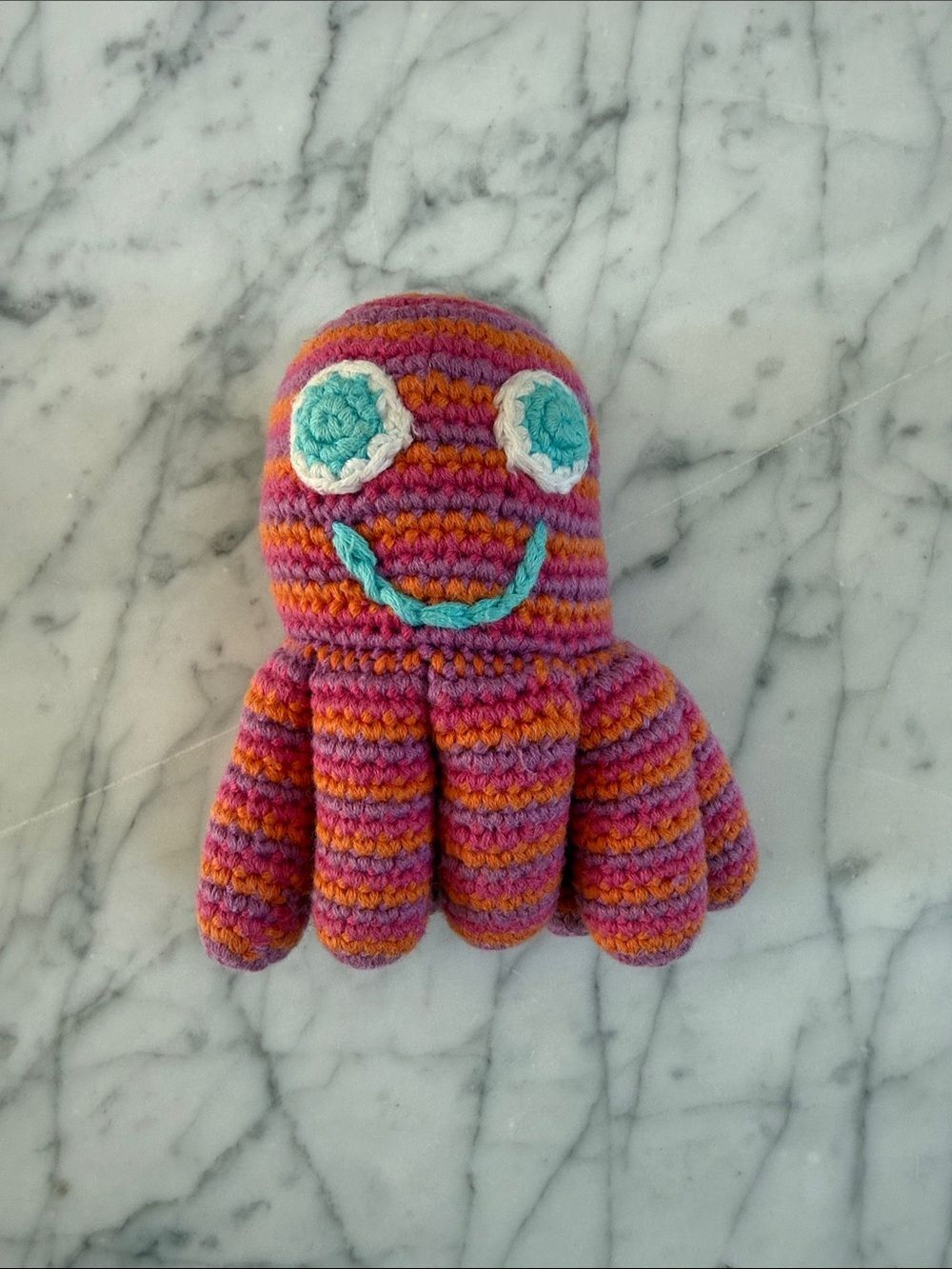 Handmade Pebble Striped Crochet Octopus Rattle Pink Orange Purple Cotton